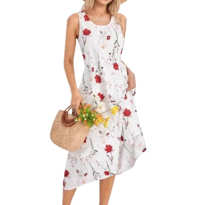 Summer Sleeveless Round Neck Printed Long Casual Vacation Versatile Dress - Image 5