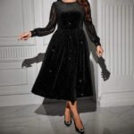 Velvet Dress with Lace Splicing Long SleeveWomen's Fashion Dress