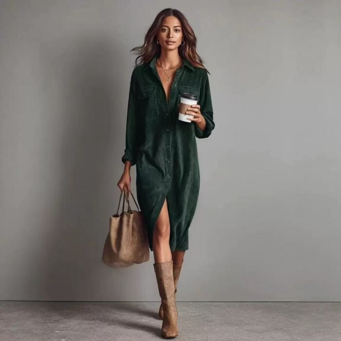 Classic Solid Color Corduroy Long Sleeve Turn-down Collar Shirt Loose Long Dress - Image 10