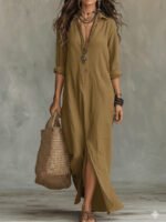 Spring Summer Solid Color Notch Lapel Front Slit Long Dress Casual Shirt Dress Lazy Style - Image 5