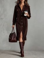 Classic Solid Color Corduroy Long Sleeve Turn-down Collar Shirt Loose Long Dress - Image 9