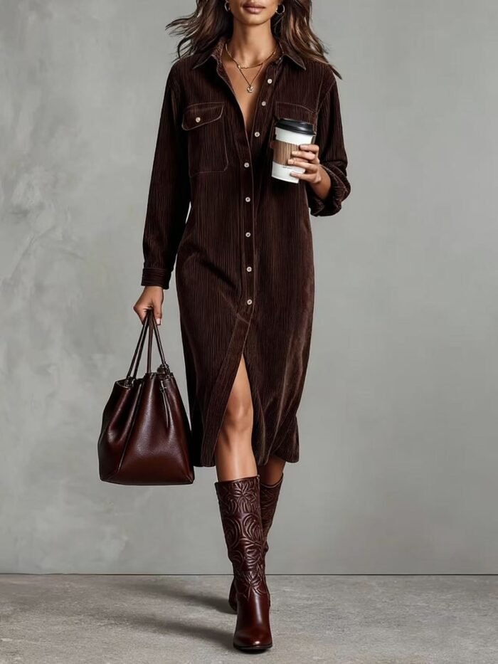 Classic Solid Color Corduroy Long Sleeve Turn-down Collar Shirt Loose Long Dress - Image 9