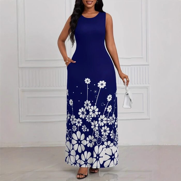 Printed Sleeveless Loose Round Neck Simple Elegant Dress - Image 4