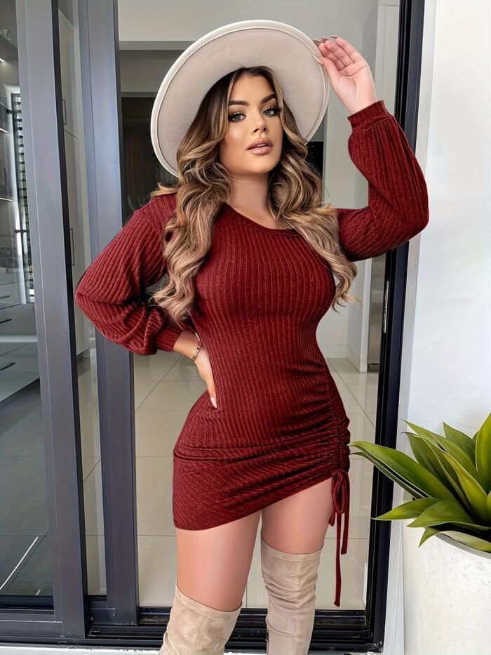 Women's Fashion Autumn Winter Sexy Slim Fit Solid Color Drawstring Asymmetrical Shoulder Long Sleeve Dress - Image 6