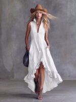 Vintage Casual Turn-Down Collar Front Zipper Ruffle Hem Dress for Women