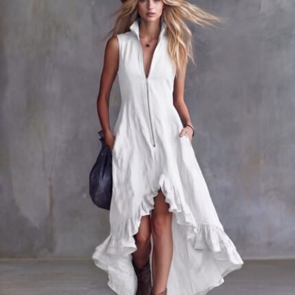Vintage Casual Turn-Down Collar Front Zipper Ruffle Hem Dress for Women