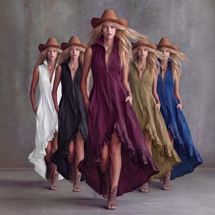Vintage Casual Turn-Down Collar Front Zipper Ruffle Hem Dress for Women - Image 2