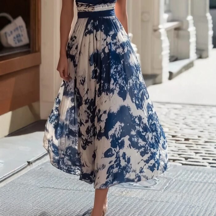 Elegant Long Sleeveless V-Neck Blue and White Porcelain Print Dress Summer Formal Dress - Image 3