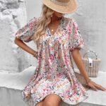 Cute Floral Print V-Neck Puff Sleeve Pleated Casual Loose Dress for Women - Image 2