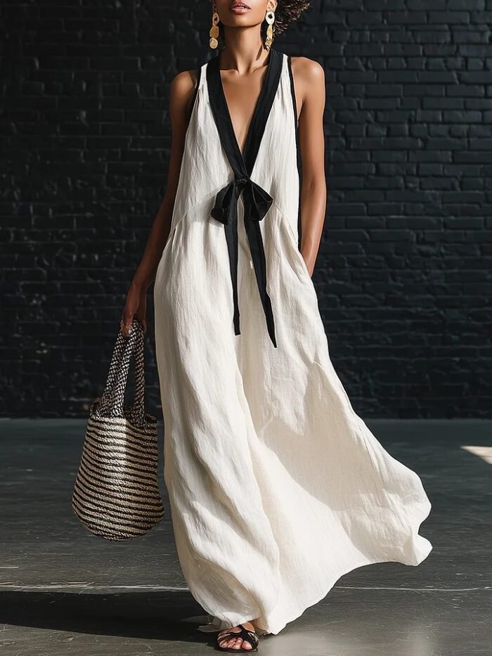 V-neck Strapless Sleeveless Resort-Style Long Simple Elegant Dress - Image 9