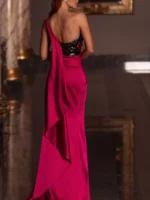 One-Shoulder Sequin Bodice Satin Gown with High Slit - Image 2