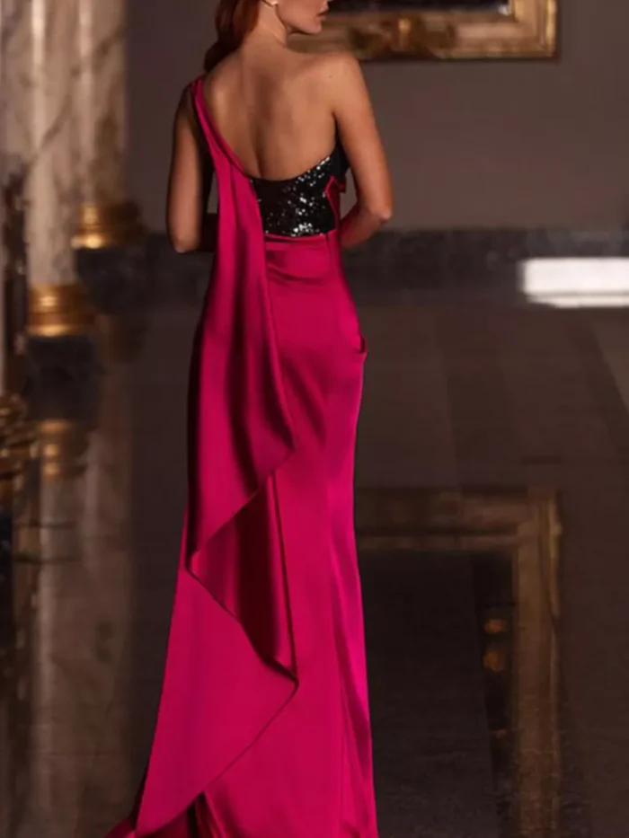 One-Shoulder Sequin Bodice Satin Gown with High Slit - Image 2