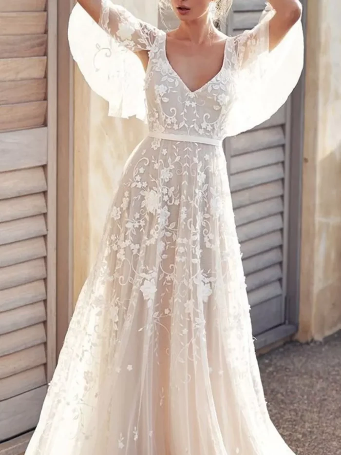 Full Size Lace Flutter Sleeve V-Neck Dress Plus Size - Image 5
