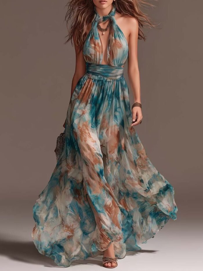 Hang Neck Backless Ink Print Vacation Style Casual Long Dress - Image 6