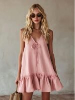 Vintage Vacation Style V-Neck Sleeveless Ruffle Loose Dress - Image 7