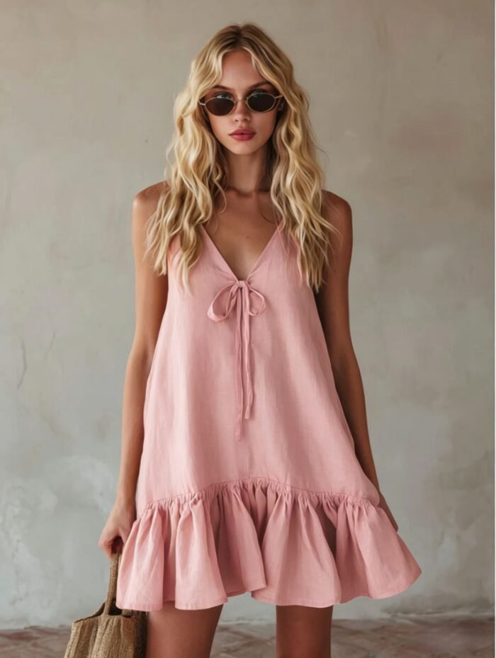 Vintage Vacation Style V-Neck Sleeveless Ruffle Loose Dress - Image 7