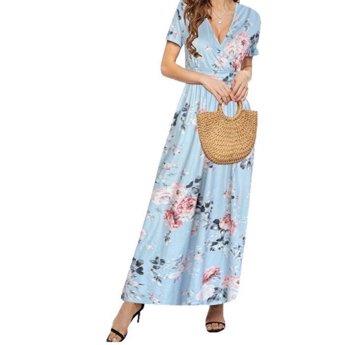 Elegant V-Neck Short Sleeve Wrap Dress with Pockets for Women - Image 5