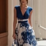 Elegant Long Sleeveless V-Neck Blue and White Porcelain Print Dress Summer Formal Dress - Image 4