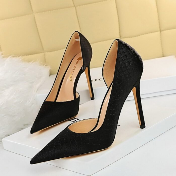Thin heeled super high heels with shallow side hollow snake pattern silk high heels for women - Image 4