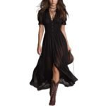Cropped V-Neck Shirt Dress with Ruffled Hem and Side Slit, Dark Chic Style, Body-Con Fit, Long Skirt - Image 5