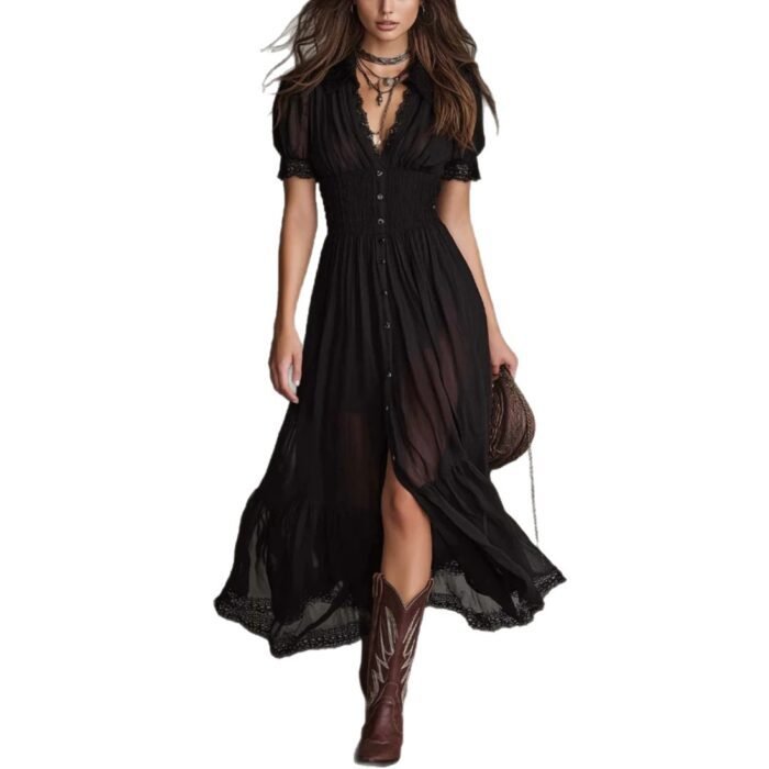Cropped V-Neck Shirt Dress with Ruffled Hem and Side Slit, Dark Chic Style, Body-Con Fit, Long Skirt - Image 5