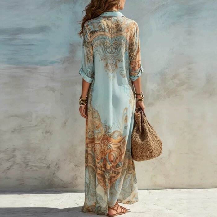 Blue Tone Printed Chiffon Turn-down Collar Split Resort Beach Dress - Image 3