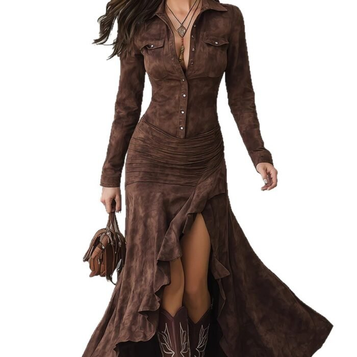 Elegant Zipper Stand Collar Slit Long Dress with Slim Fit - Image 5