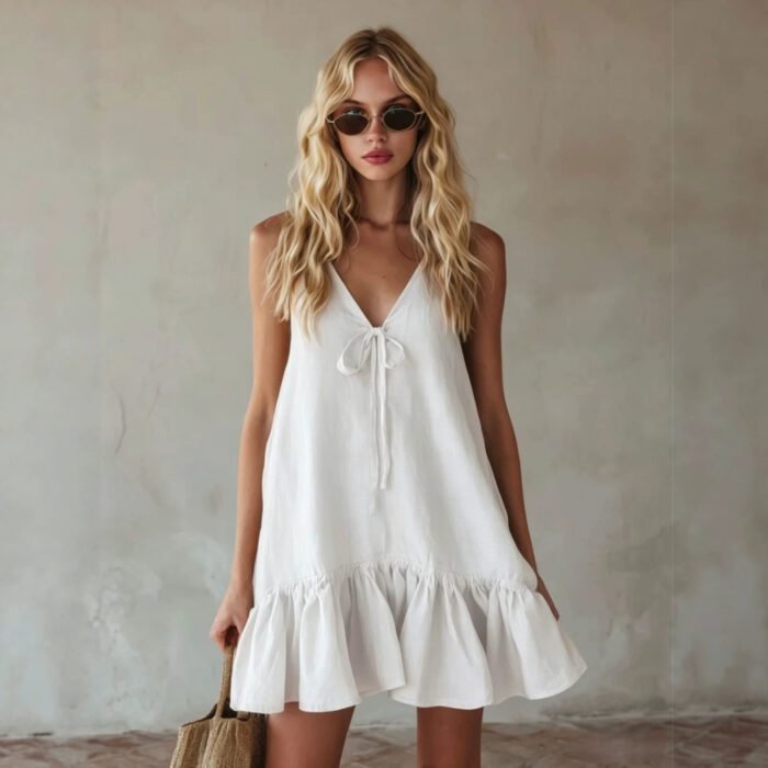 580007236 Vintage Vacation Style V-Neck Sleeveless Ruffle Loose Dress - Image 1