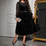 Velvet Dress with Lace Splicing Long SleeveWomen's Fashion Dress - Image 4