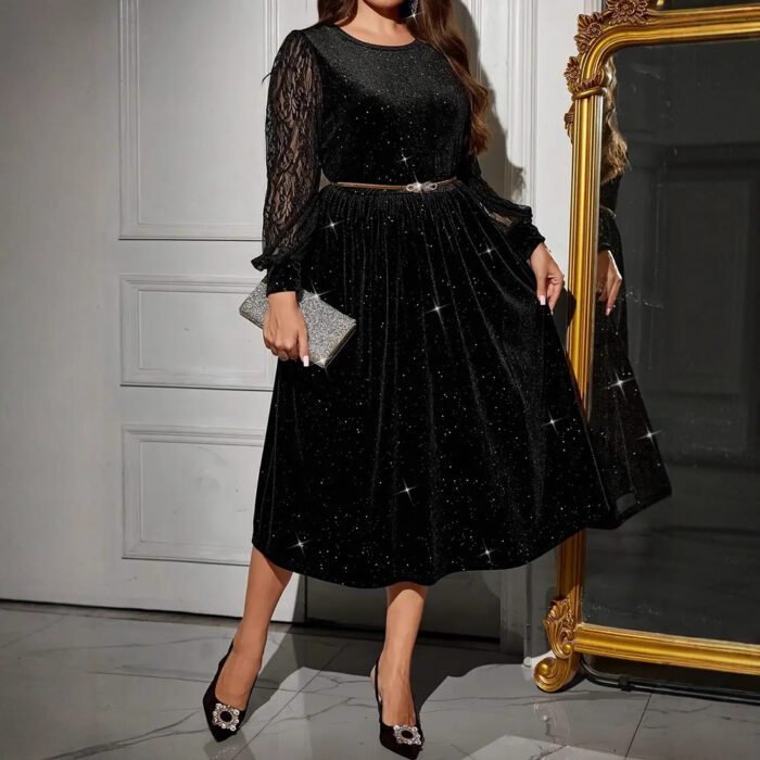 Velvet Dress with Lace Splicing Long SleeveWomen's Fashion Dress - Image 4