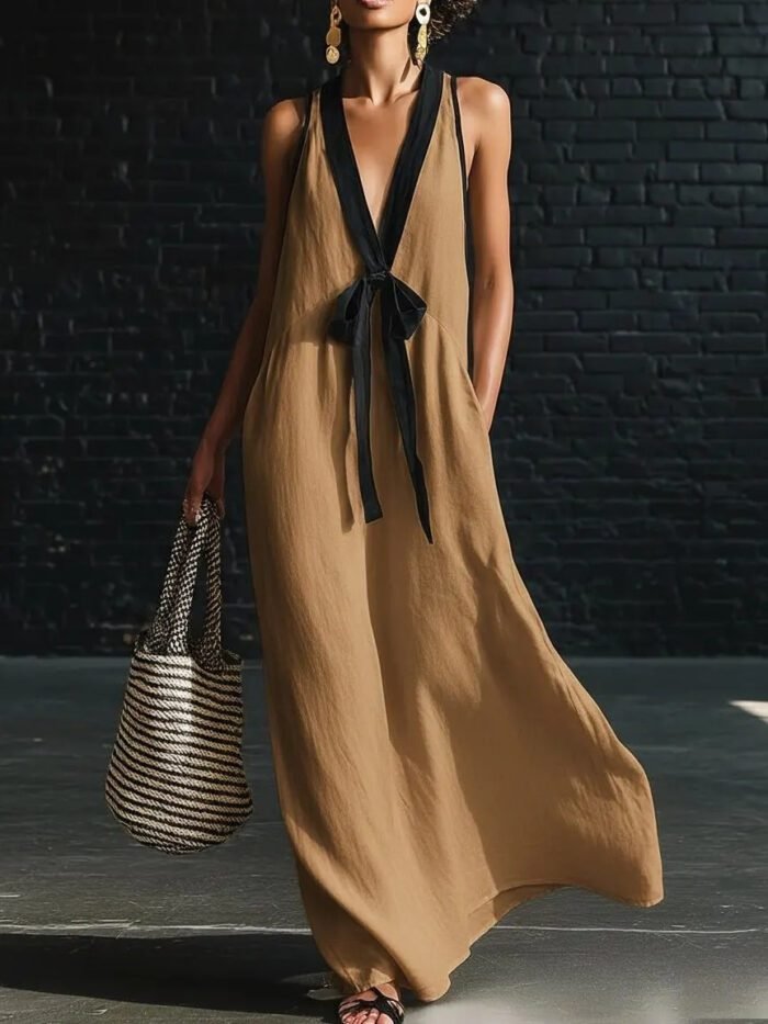 V-neck Strapless Sleeveless Resort-Style Long Simple Elegant Dress - Image 6