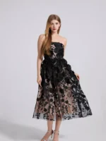 Floral Applique Strapless Midi Dress