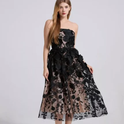 Floral Applique Strapless Midi Dress