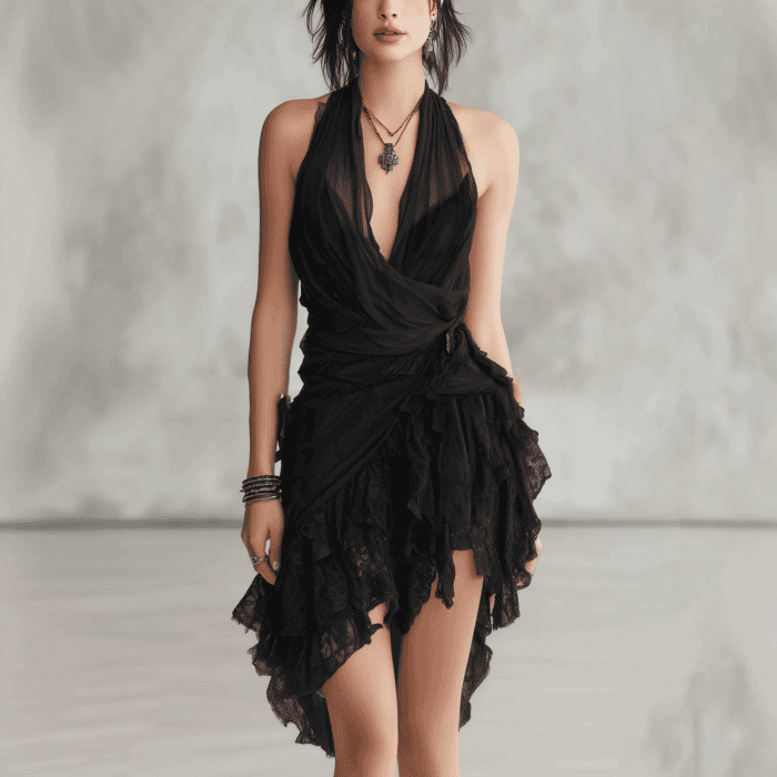 Summer New Black Strap Deep V-neck Chiffon Lace Dress - Image 4