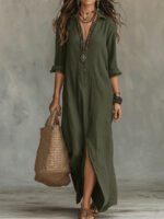 Spring Summer Solid Color Notch Lapel Front Slit Long Dress Casual Shirt Dress Lazy Style - Image 4