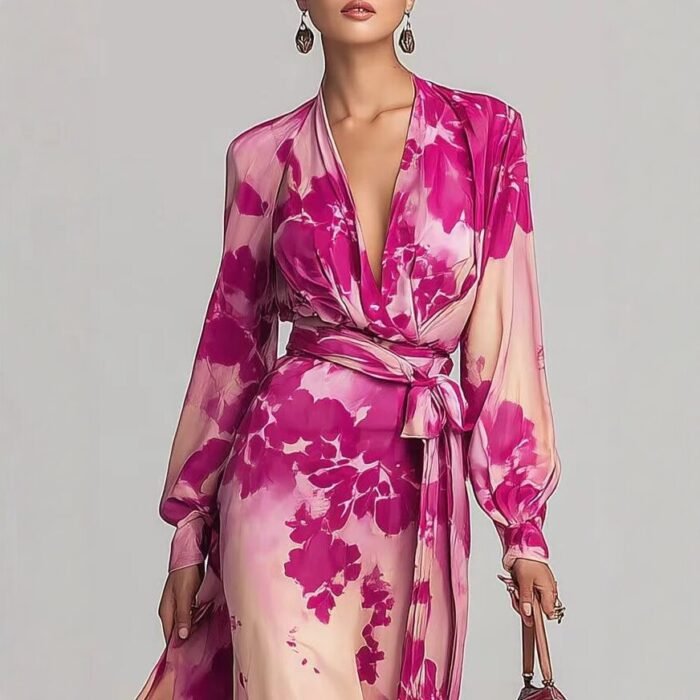 Printed Chiffon Long Sleeve V-Neck Tie-Up Dress Elegant Chic Spring New Long Dress - Image 4