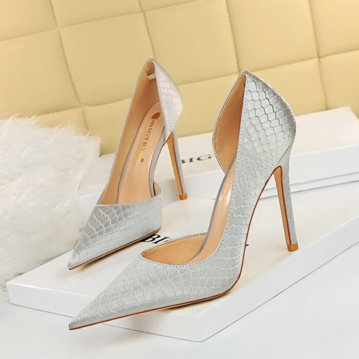 Thin heeled super high heels with shallow side hollow snake pattern silk high heels for women - Image 9