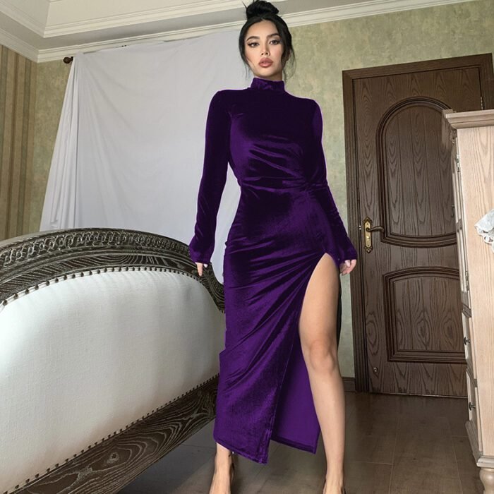 Women's High Neck Long Velvet Dress with Pleats and Slit Fitted SilhouetteAutumn/Winter Fashion - Image 2