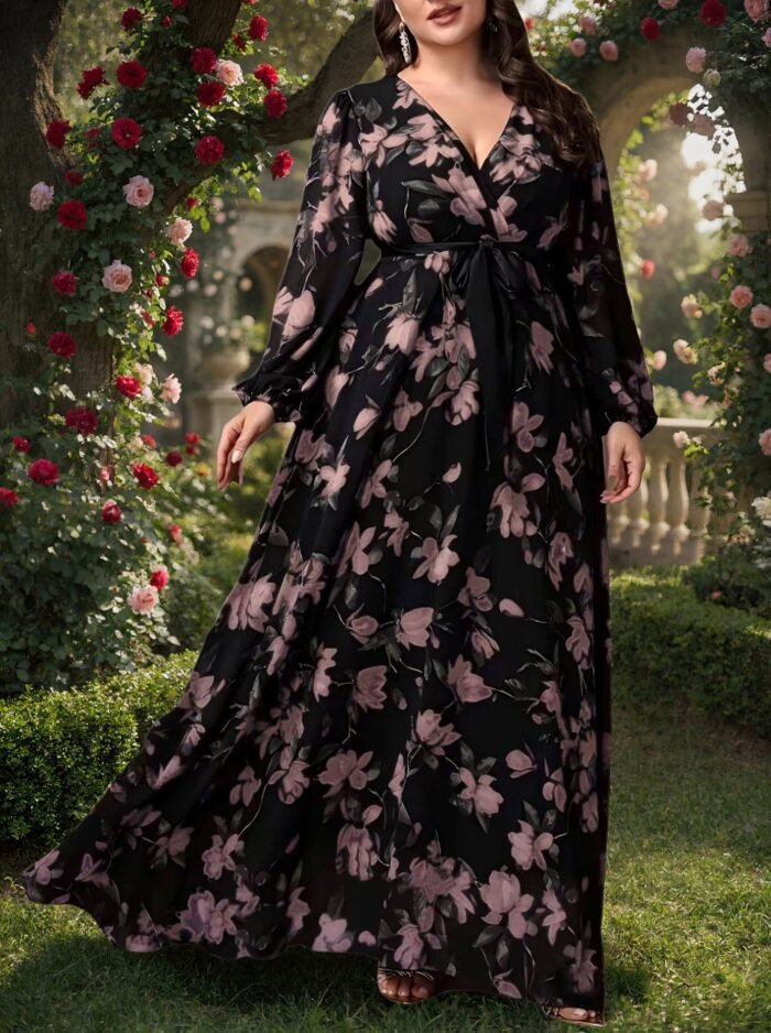 Oversize Printed Bohemian V-Neck Long Sleeve Flared Elegant Dress - Image 8