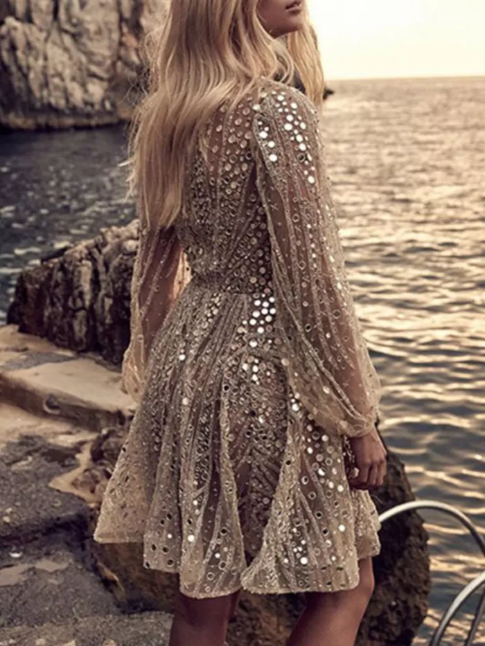 Sequin Deep V-Neck Mini Dress - Image 2