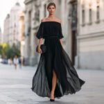 New Black Chiffon Maxi Dress with Split, One-Shoulder Design, Flowing and Draping Skirt - Image 4