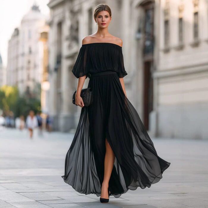 New Black Chiffon Maxi Dress with Split, One-Shoulder Design, Flowing and Draping Skirt - Image 4