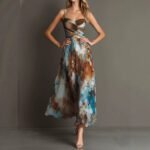 Fashionable Elegant Printed Dress with Sexy Straps, Waist-Cinching Flowy Beach Long Dress - Image 3