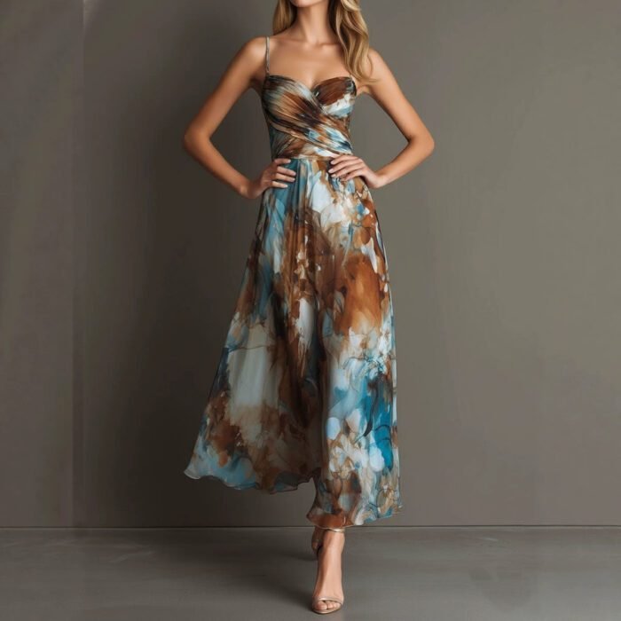 Fashionable Elegant Printed Dress with Sexy Straps, Waist-Cinching Flowy Beach Long Dress - Image 3