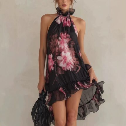 Summer New Women's Chiffon Printed Off-Shoulder Sexy Dress