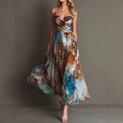 Fashionable Elegant Printed Dress with Sexy Straps, Waist-Cinching Flowy Beach Long Dress