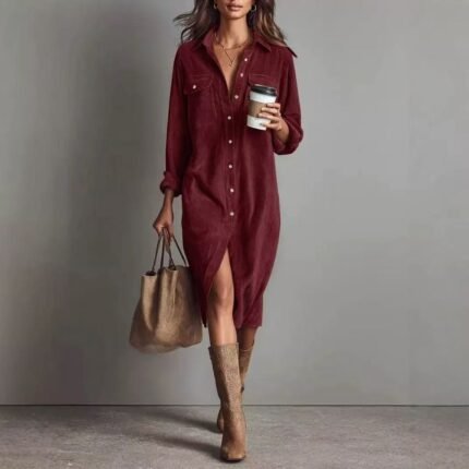Classic Solid Color Corduroy Long Sleeve Turn-down Collar Shirt Loose Long Dress