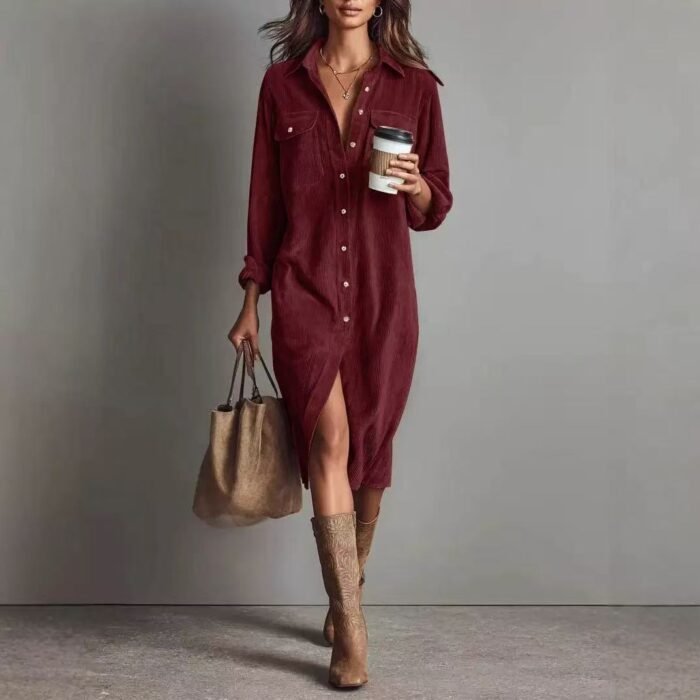 580006089 Classic Solid Color Corduroy Long Sleeve Turn-down Collar Shirt Loose Long Dress - Image 1