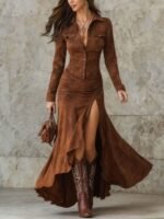 Elegant Zipper Stand Collar Slit Long Dress with Slim Fit - Image 7