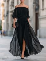 New Black Chiffon Maxi Dress with Split, One-Shoulder Design, Flowing and Draping Skirt - Image 6